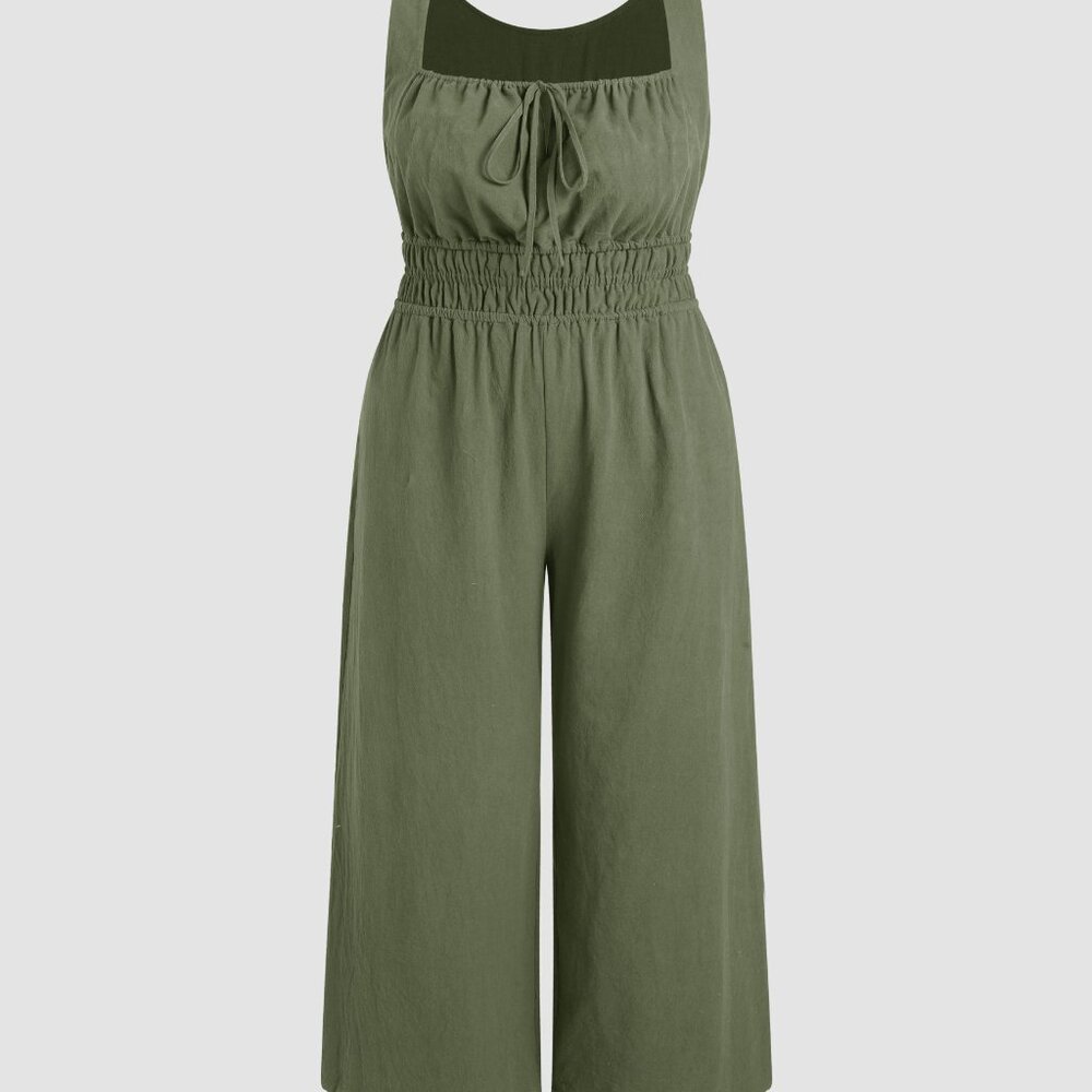 Square Neck Lace Up Ruched Jumpsuit Curve & Plus 0XL Olive Green - Picture 2 of 7